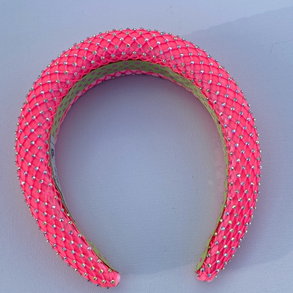 Hot Pink Padded 1.5” Headband with Rhinestone-Adorned Mesh Overlay Handmade New - Picture 7 of 10